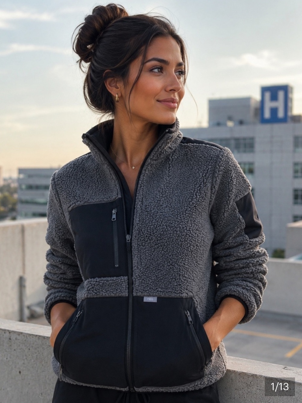 FIGS High-Pile Sherpa Fleece Jacket Black Gray Size XS